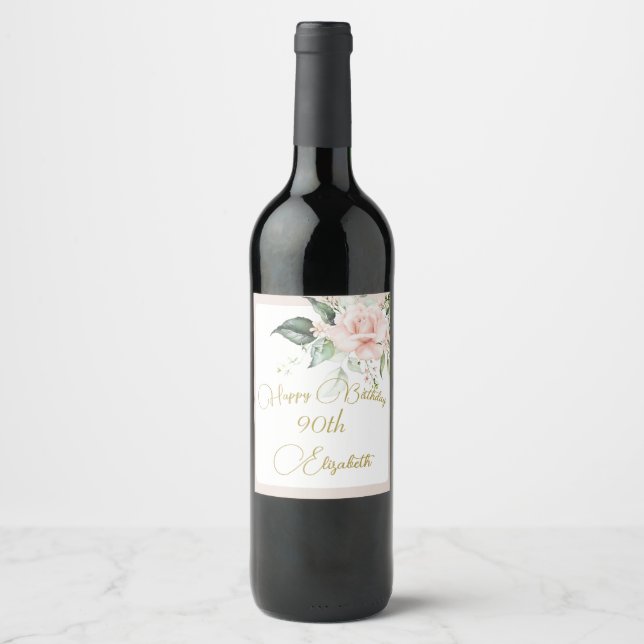 90th Birthday Watercolor Pink Floral Elegant  Wine Label (Front)