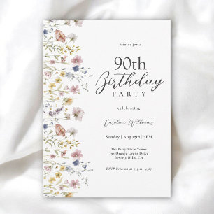90th Birthday Watercolor Wildflowers Floral Invitation