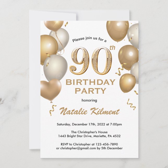 90th Birthday White and Gold Glitter Balloons Invitation (Front)