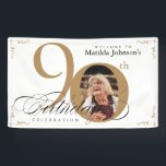 90th Birthday White Gold Elegant Calligraphy Photo Banner<br><div class="desc">90th Birthday White Gold Elegant Calligraphy Photo Banner And elegantly designed special birthday celebration invitation,  featuring a custom photo of birthday person and script calligraphy with vintage flourish elements. Simple enough to fit a variety of themes and colours!
Need help? Simply contact me!</div>