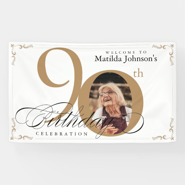 90th Birthday White Gold Elegant Calligraphy Photo Banner (Horizontal)