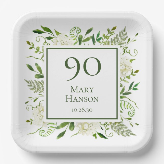 90th Birthday White Hydrangeas Paper Plate (Front)
