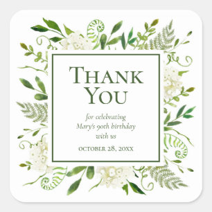 90th Birthday White Hydrangeas Thank You Square Sticker