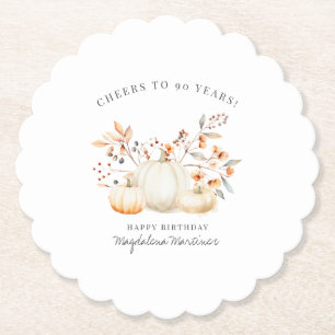 90th Birthday White Pumpkin Fall Leaves Custom Paper Coaster