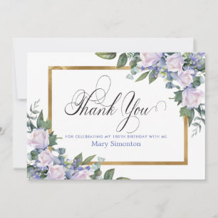 90th Birthday White Rose Blue Floral Personalized Thank You Card