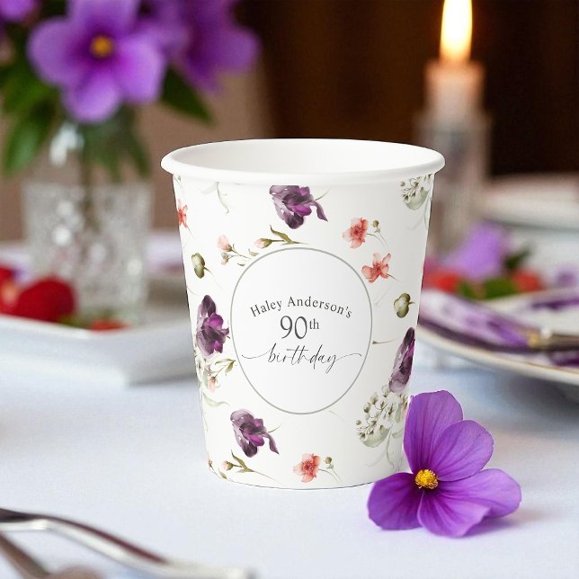 90th Birthday Wildflowers Feminine Floral Paper Cups (Creator Uploaded)