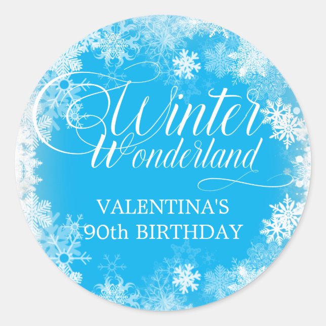 90th Birthday Winter Wonderland Snowflake Favour Classic Round Sticker (Front)