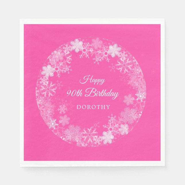 90th Birthday Winter Wonderland Snowflake Pink Napkin (Front)