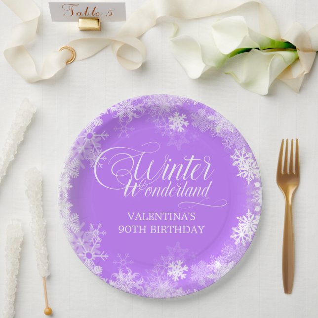 90th Birthday Winter Wonderland Snowflake Purple Paper Plate (Wedding)
