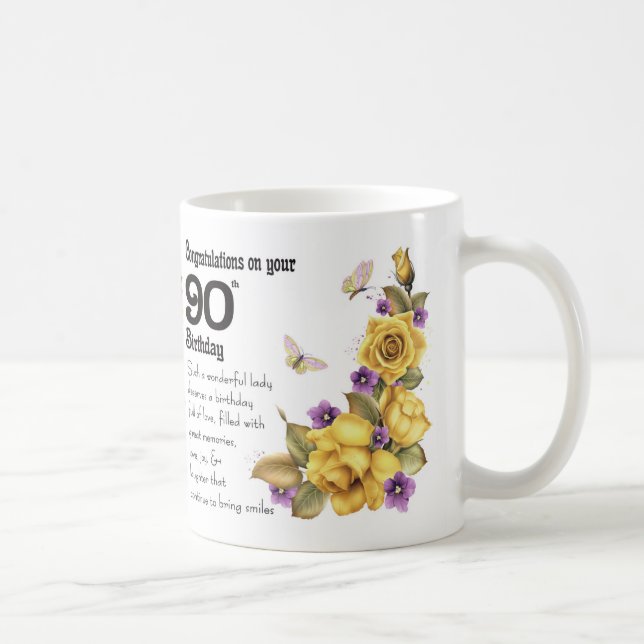 90th Birthday Yellow Rose And Butterfly Gift Mug, Coffee Mug (Right)