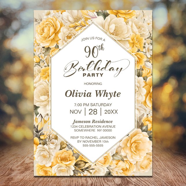 90th Birthday Yellow Rose Floral Party Invitation (Creator Uploaded)