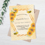 90th birthday yellow rustic sunflowers bees invitation<br><div class="desc">Elegant, fun, 90th birthday summer party invitation. Yellow, white background with a honeycomb pattern. With a faux gold geometric frame. Decorated with yellow and orange sunflowers and happy bumble bees. The name is written with a modern hand lettered style script. Black letters. Perfect for a summer tea party in a...</div>