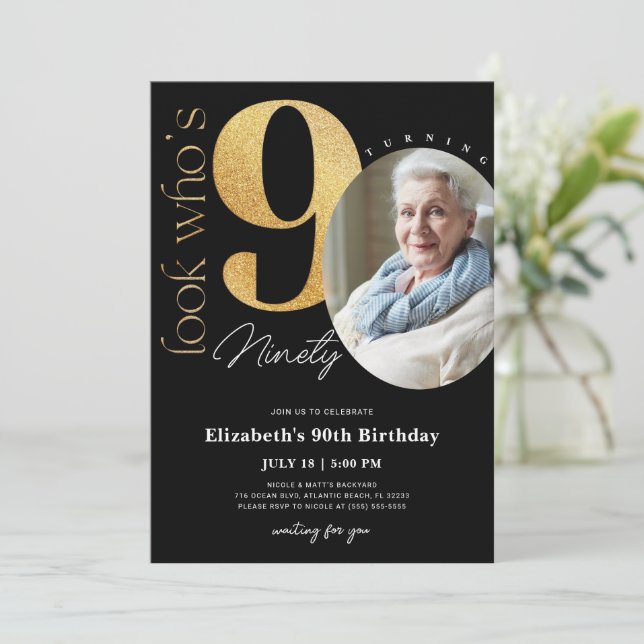 90th Black Gold Birthday Invitation with Photo (Standing Front)