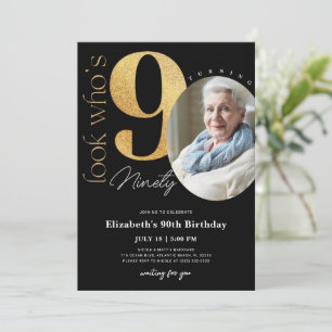 90th Black Gold Birthday Invitation with Photo