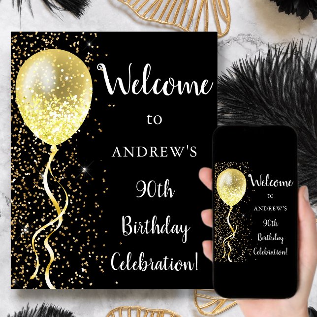 90th | Black & Gold Glitter Birthday Welcome Poster (Creator Uploaded)