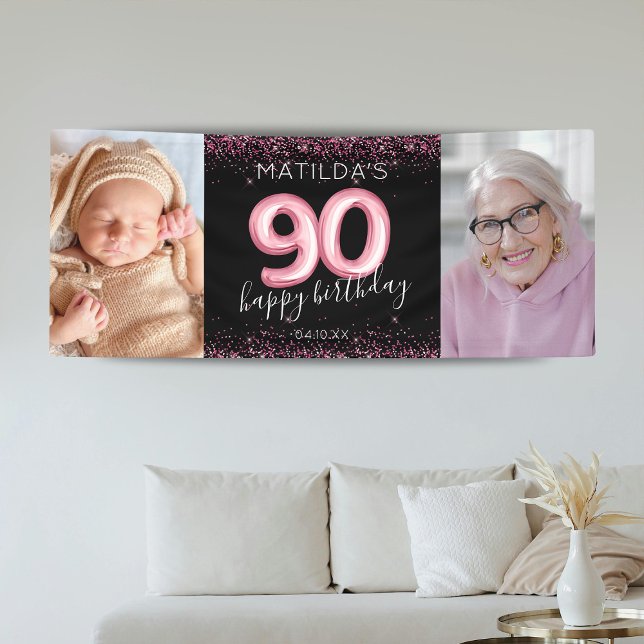 90th Black Pink Happy Birthday Photo Banner (Creator Uploaded)