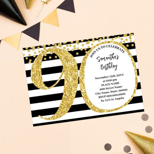 90th Black White and Gold Glitter Modern Birthday Invitation (Creator Uploaded)