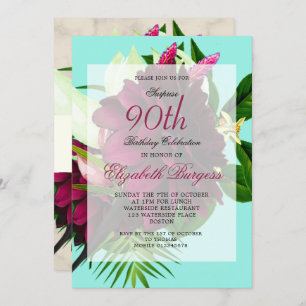 90TH Blue Cream Floral Elegant Modern Birthday Invitation
