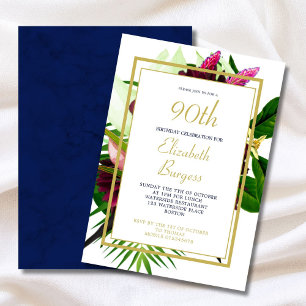 90TH Blue Gold Floral Elegant Modern Birthday Invitation
