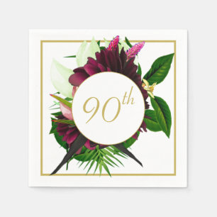 90TH Blue Gold Floral Elegant Modern Birthday Napkin