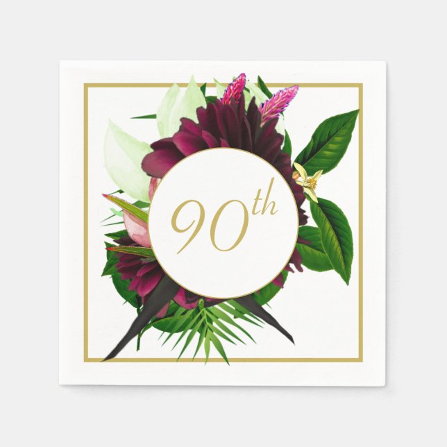 90TH Blue Gold Floral Elegant Modern Birthday Napkin (Front)