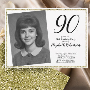 90th Custom Photo White and Gold Invitation