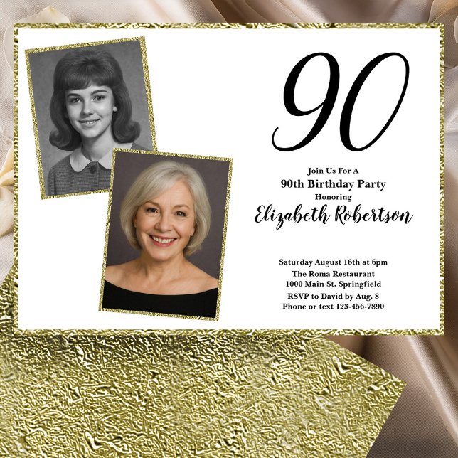 90th Custom Photo White and Gold  Invitation (Creator Uploaded)
