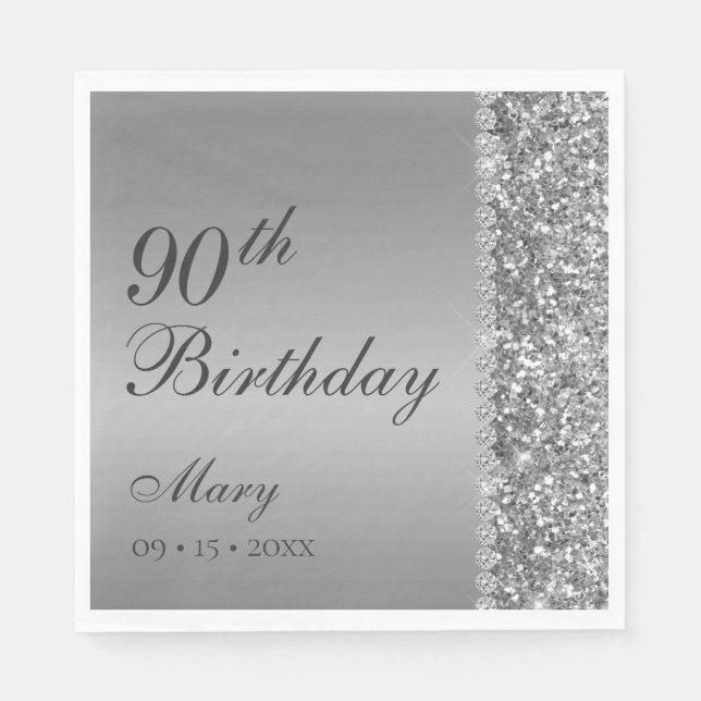 90th Elegant Silver Birthday Napkin (Front)