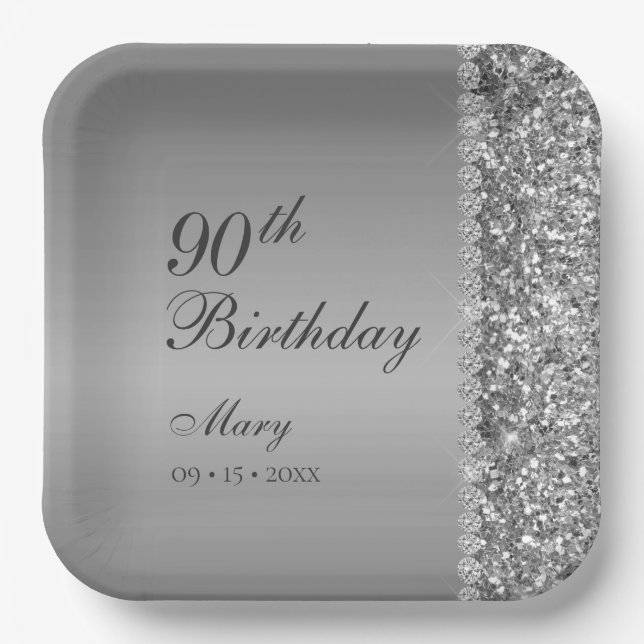 90th Elegant Silver Birthday Paper Plate (Front)