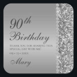 90th Elegant Silver Birthday Square Sticker<br><div class="desc">These elegant and luxurious silver glitter and diamond sided 90th Birthday thank you stickers are perfect for your celebration. Their chic and modern fonts are crisp and clean and making them unique and one-of-a-kind. The sentiment is completely customisable so you can choose your own words if you'd like.</div>