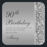 90th Elegant Silver Birthday Square Sticker<br><div class="desc">These elegant and luxurious silver glitter and diamond sided 90th Birthday thank you stickers are perfect for your celebration. Their chic and modern fonts are crisp and clean and making them unique and one-of-a-kind. The sentiment is completely customisable so you can choose your own words if you'd like.</div>