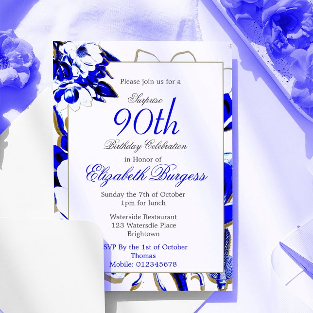 90th Floral Blue and White Spring Elegant Birthday Invitation (Creator Uploaded)