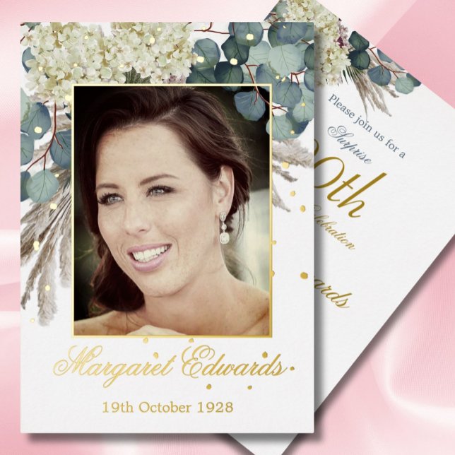 90th Floral Blue Elegant Photo Birthday (Creator Uploaded)