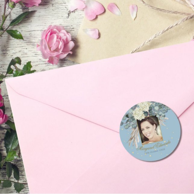 90th Floral Blue Gold Elegant Photo Birthday Classic Round Sticker (Creator Uploaded)