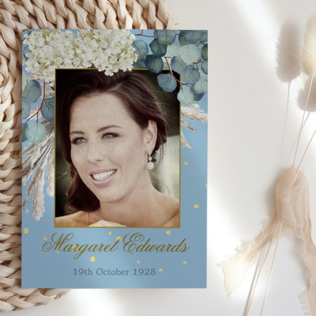 90th Floral Blue Gold Elegant Photo Birthday Invitation (Creator Uploaded)