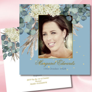 90th Floral Blue Gold Elegant Photo Birthday Invitation