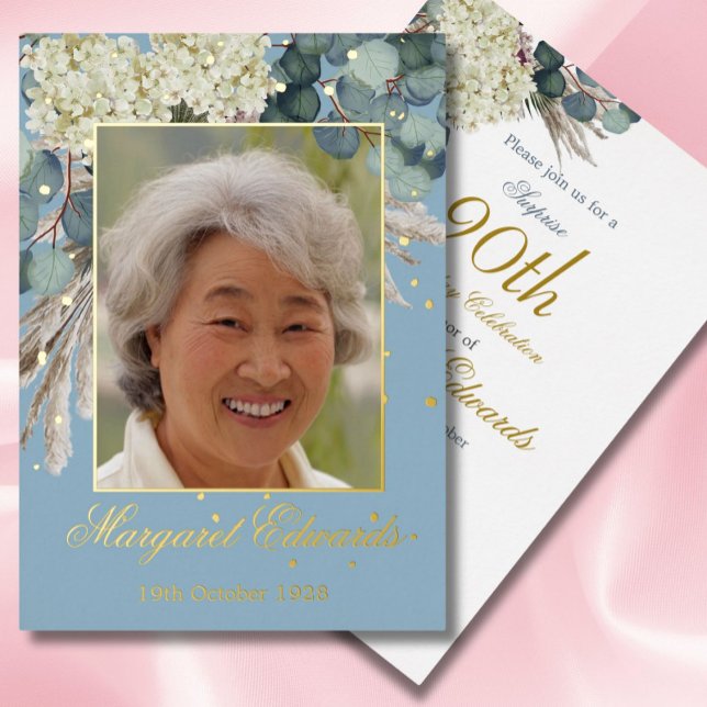 90th Floral Elegant Photo Blue Birthday (Creator Uploaded)