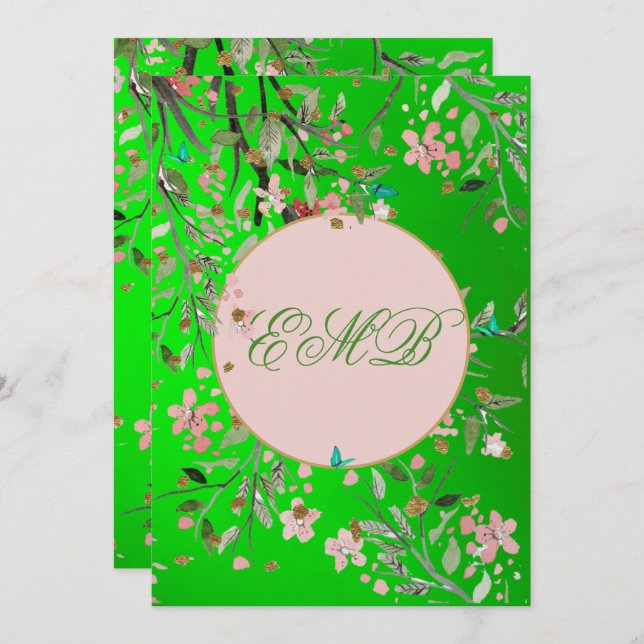 90th Floral Green Elegant Pink  Monogram Birthday Invitation (Front/Back)