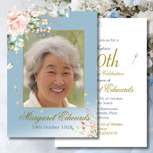 90th Floral Roses Blue Gold Elegant Photo Birthday Invitation