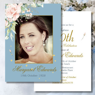 90th Floral Roses Gold Blue Elegant Photo Birthday Invitation