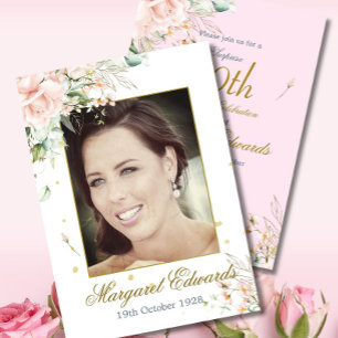 90th Floral Roses Pink Gold Elegant Photo Birthday Invitation