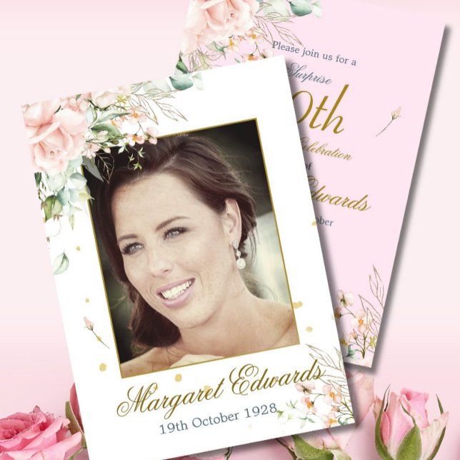 90th Floral Roses Pink Gold Elegant Photo Birthday Invitation (Creator Uploaded)