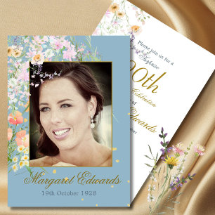 90th Floral Wildflowers Elegant Photo Birthday Invitation