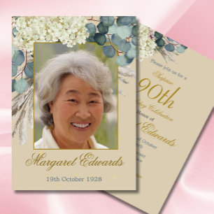 90th FloralChic Elegant Gold Photo Birthday Invitation