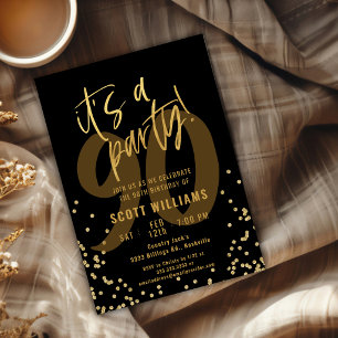90th Fun Black and Gold Birthday Party Invitation