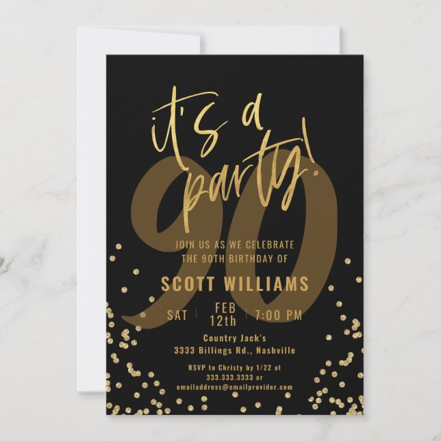 90th Fun Black and Gold Birthday Party Invitation (Front)
