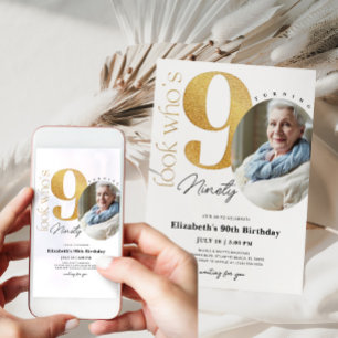 90th Gold Birthday Invitation with Photo
