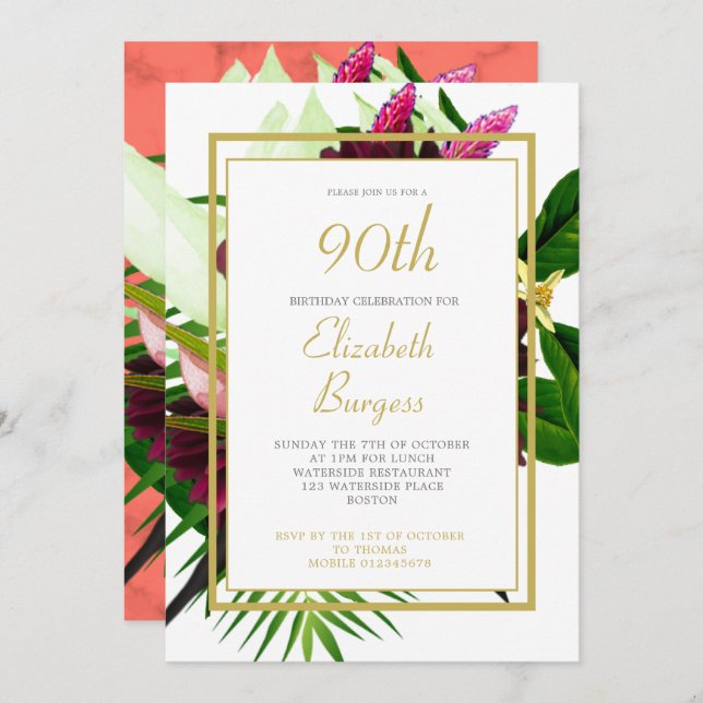 90TH  Gold Coral Floral Elegant Modern Birthday Invitation (Front/Back)
