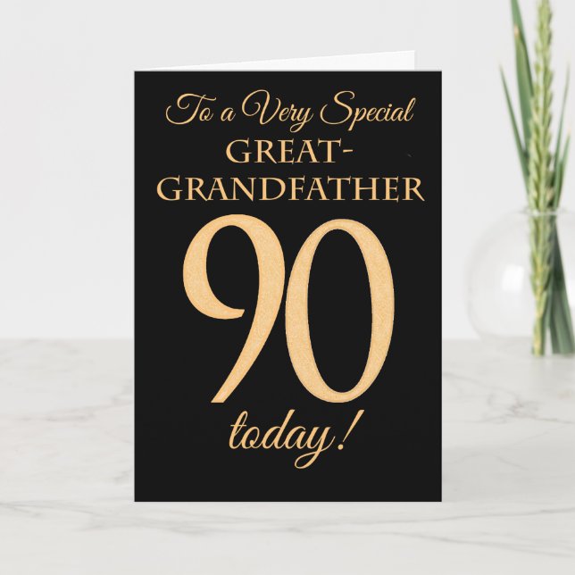 90th Gold-effect Black, Great-grandfather Birthday Card (Front)