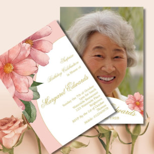 90th Gold Elegant  Pink Floral Photo Birthday Invitation